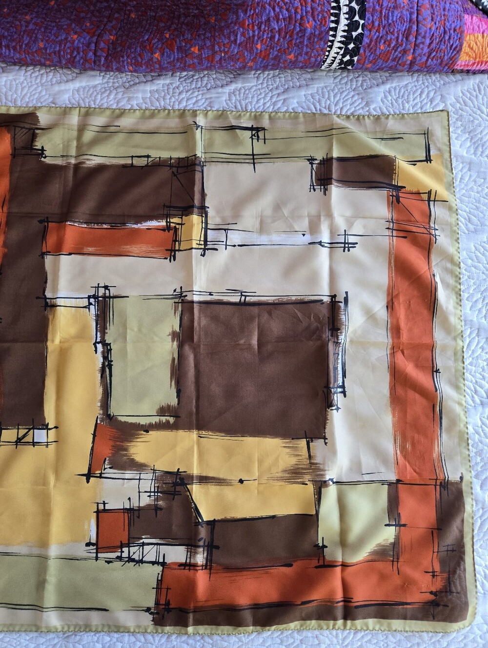 Vinrage Abstract Geometric Scarf in Brown, Orange & Yellow Made in ITALY